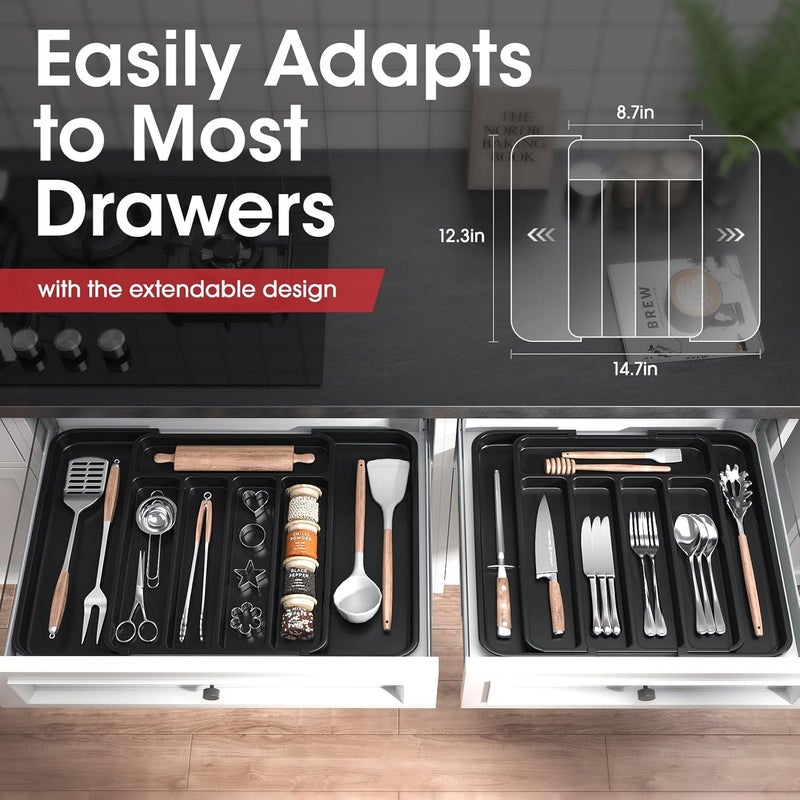 AUJEN Silverware Organizer - Expandable Kitchen Drawer Organizer, Adjustable Utensil Organizer, Cutlery Tray for Forks, Knives, Multipurpose Kitchen Organizers and Storage Solution, Black, Medium - Image 5